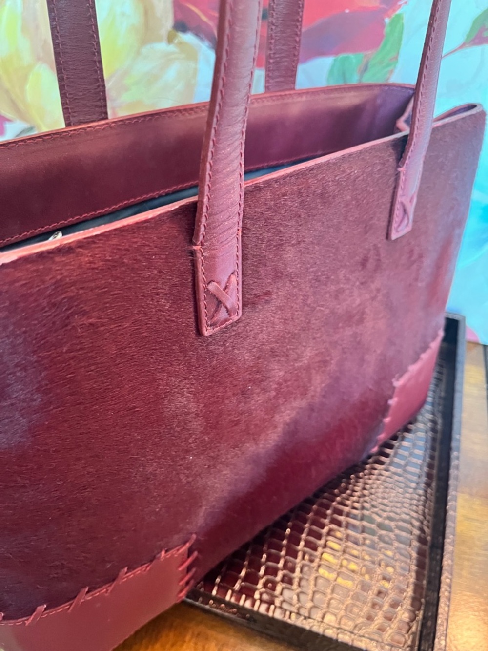 Cole Haan RARE Vintage Luxury Burgundy Red Haircalf Medium Satchel Tote (GUC) - Picture 6 of 17